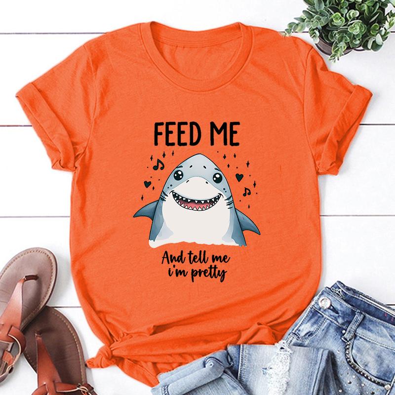 Hot Shark Feed Me And Tell Me I'M Pretty Print Unisex T-Shirt Loose Short Sleeve Harajuku Casual Tops Women T-Shirt