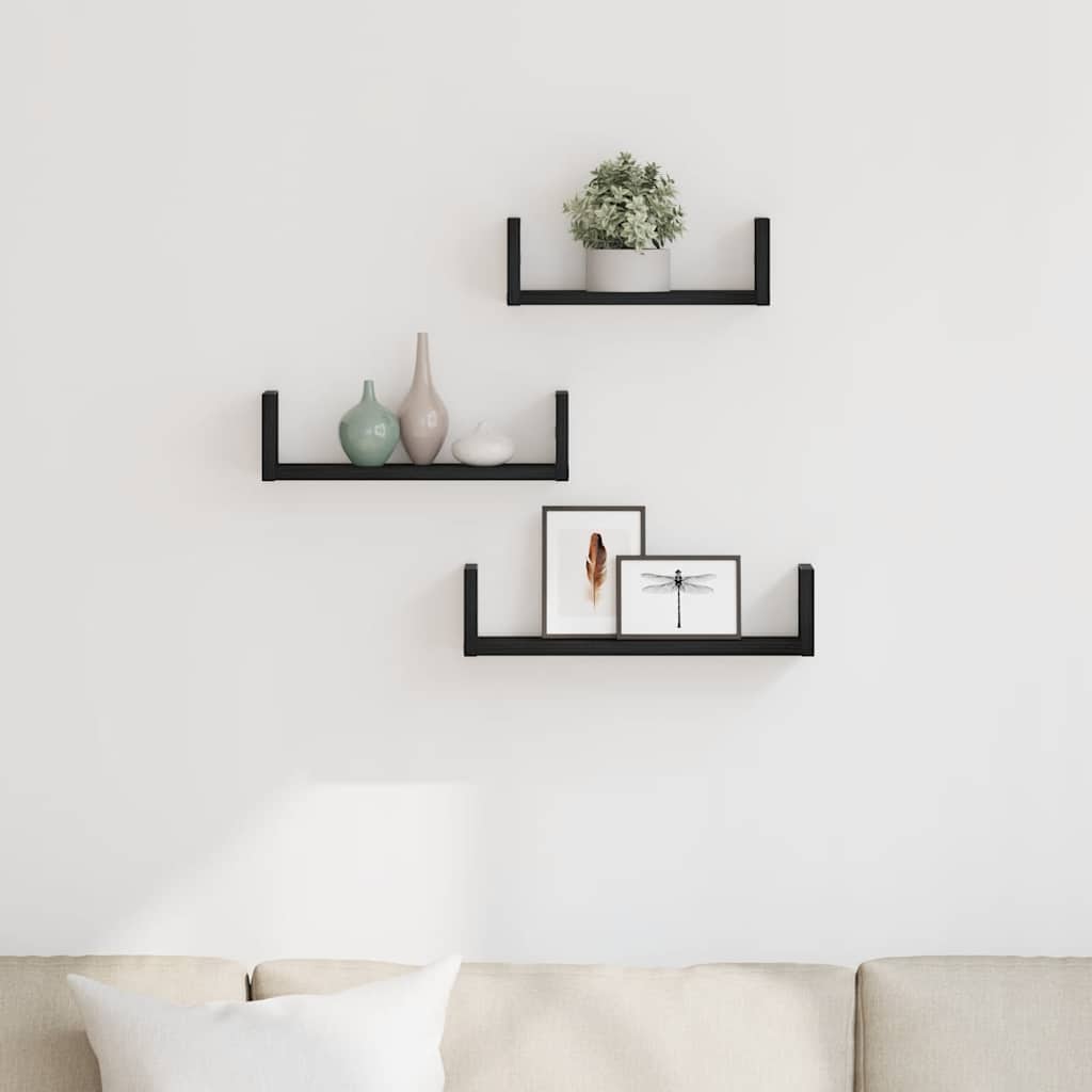 Wall Shelves Set of 3 Black Oak Effect Particleboard