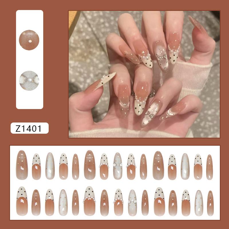 Cream Apricot Polka Dot Sparkly Press On Nails Medium Almond Sweet French For Ladies 30pcs Box & Strip Non Special Cosmetics
