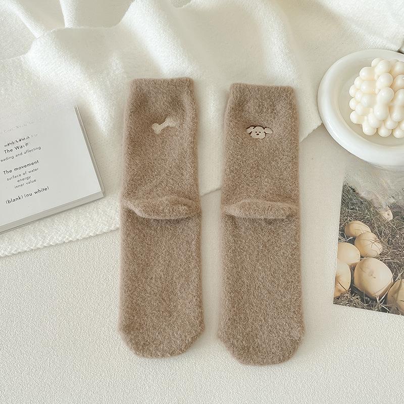 Australian Fleece Women's Mid-calf Socks, Thickened and Fleece Warm Sleep Socks, Cute Embroidered Postpartum Socks, Winter Long Socks