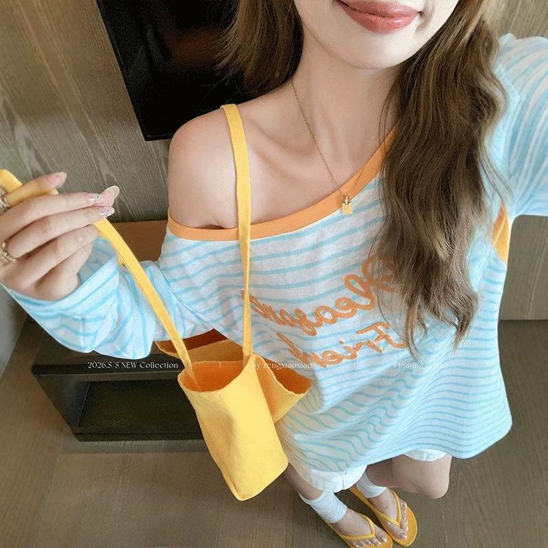 Lazy Letter Striped Sunscreen Shirt Women's One-word Collar T-shirt Summer Niche Slanted Shoulder Long-sleeved Thin Blouse Loose and Casual