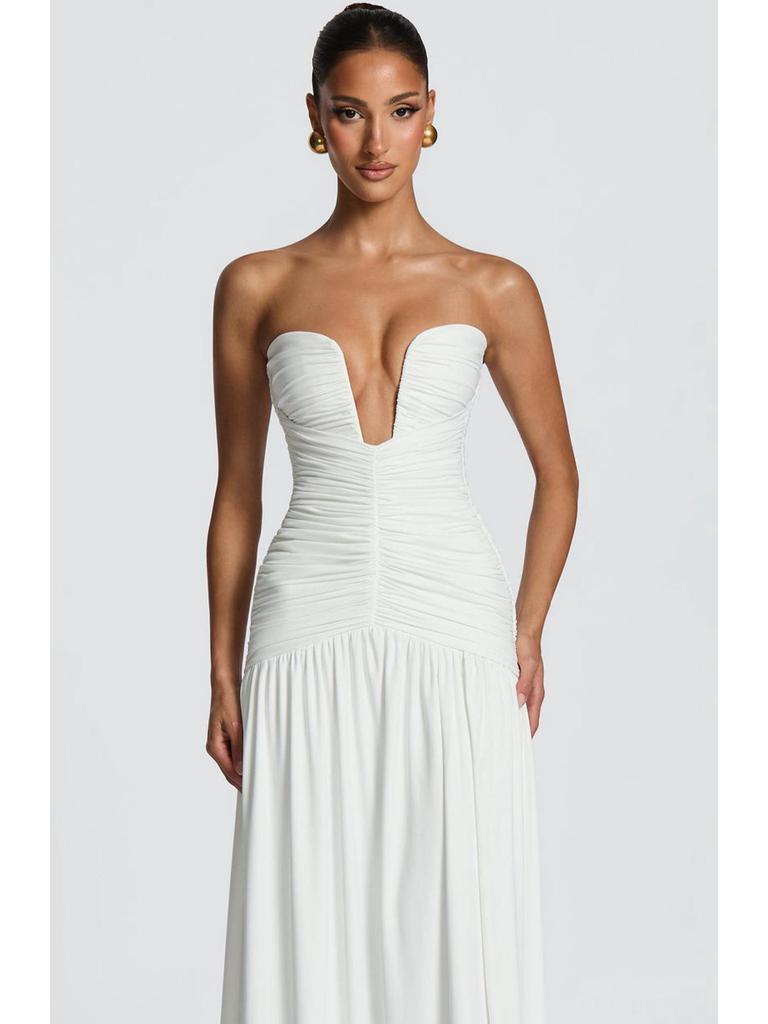 European-Style Strapless Pleated High-Slit Open-Back Evening Gown