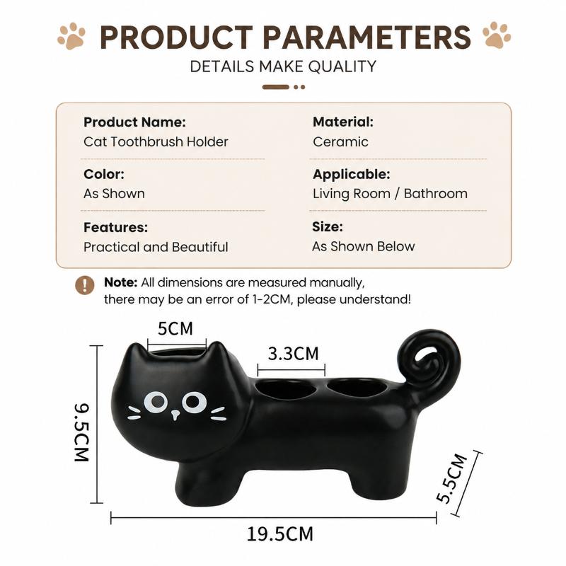 Cute Black Cat Ceramic Toothbrush Holder Multi Compartment Non Slip Base Waterproof for Home Bathroom Decor