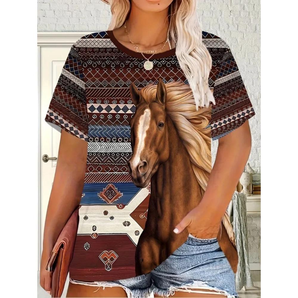 Summer Fashion Loose Oversized Breathable Soft Comfortable Horse 3D Printing Casual Women's Short Sleeve T-Shirt