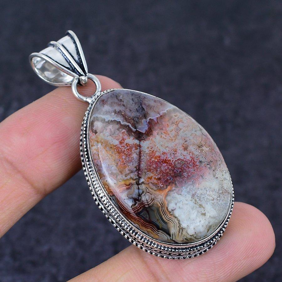 Natural Laguna Lace Agate 925 Sterling Silver Jewelry Pendant 2.29" P9M15