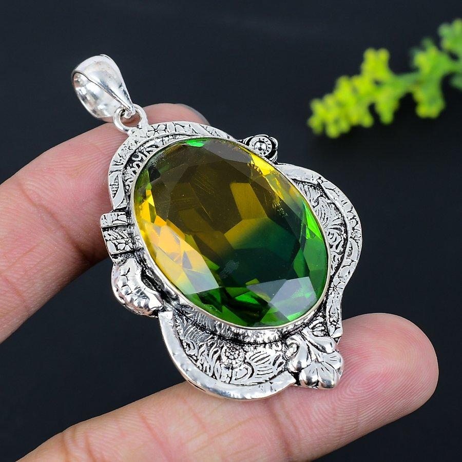 Natural Bi-Color Tourmaline Handmade 925 Sterling Silver Pendant 2.56" K2t70
