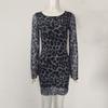 Damen Europäischer Sexy Stil Leopardenmuster Rüschen Langarm Rundhals Bodycon Minikleid