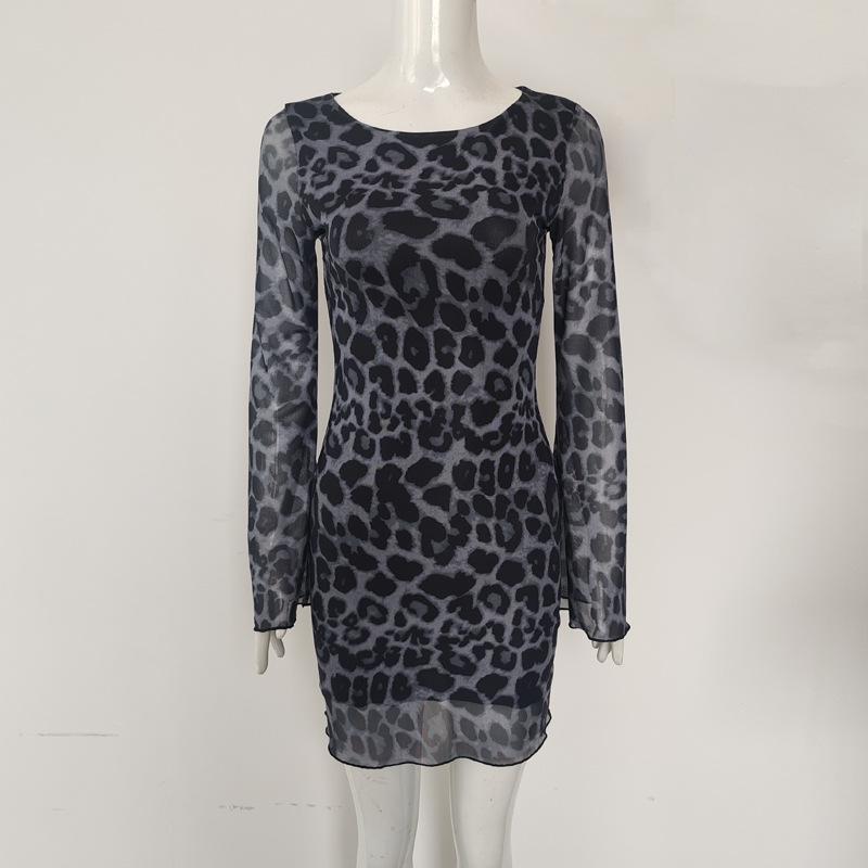 Damen Europäischer Sexy Stil Leopardenmuster Rüschen Langarm Rundhals Bodycon Minikleid
