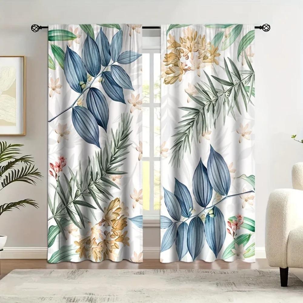 2pc Modern Leaf Floral Print Light-Filtering Curtain Panels UV-Resistant Easy-Care Transparent Drapes for Bedroom Living Room