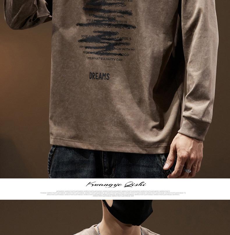 Men's Heavyweight Retro Washed Long-Sleeve T-Shirt - Autumn Edition, Loose Fit, Round Neck, Trendy American Print