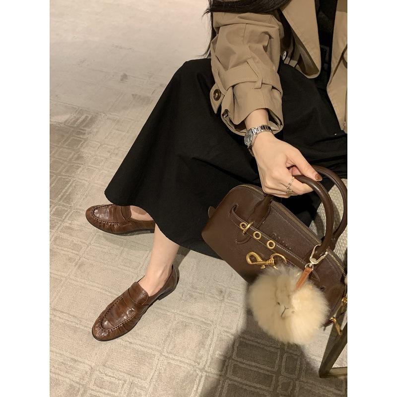 Cowhide~ Grape Mom, the same leather retro pleated loafers, women's thick heels, one pedal, lazy flat-bottomed people's small leather shoes