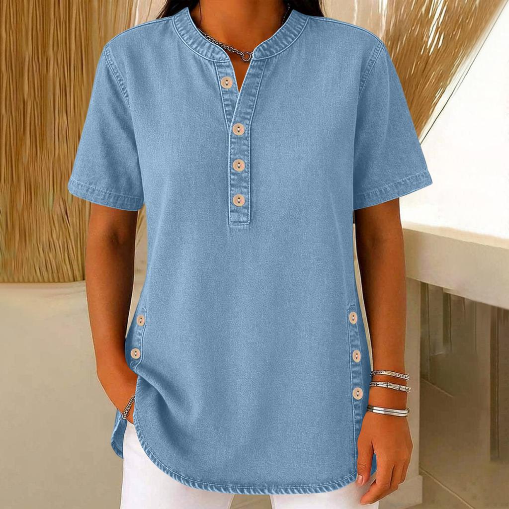 Ladies' Casual Imitation Denim V-neck Button Short Sleeved Top