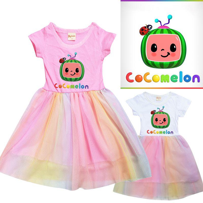 Cocomelon Kinder Mädchen Prinzessinnenkleid Mit Kurzem Ärmel Cartoon Anime Druck Und Atmungsaktivem Netzstoff