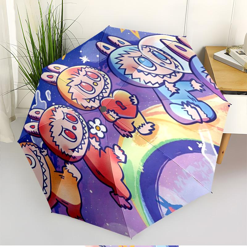 Labubu Print Automatic Open Close Umbrella, Portable Foldable Umbrella, for Outdoor Commute Camping Trip, Ideal Birthday Gift