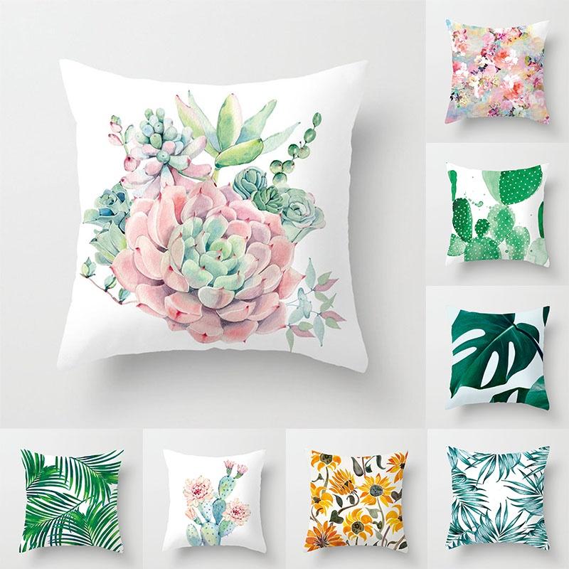 Elegant Green Tropical Plants Palm Tree Leaves Linen Pillow Case With Classic Design 18"x18