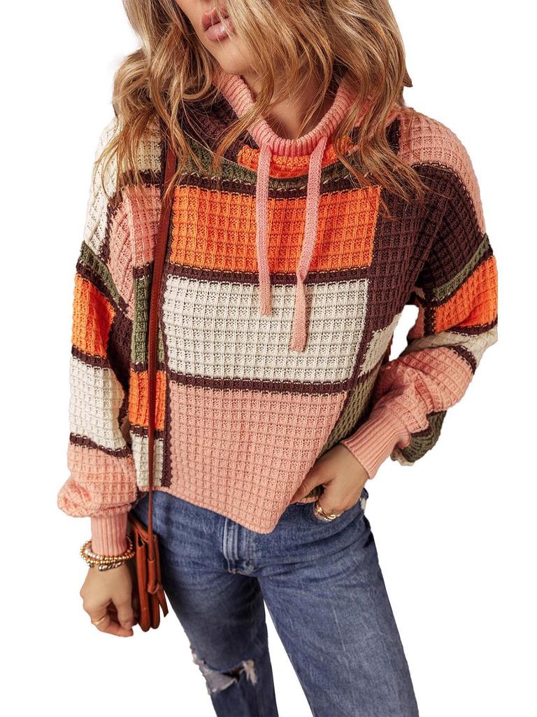 Autumn/Winter Women's Color Block Drawstring Stand Collar Sweater - European & American Casual Waffle Knit Long Sleeve Top
