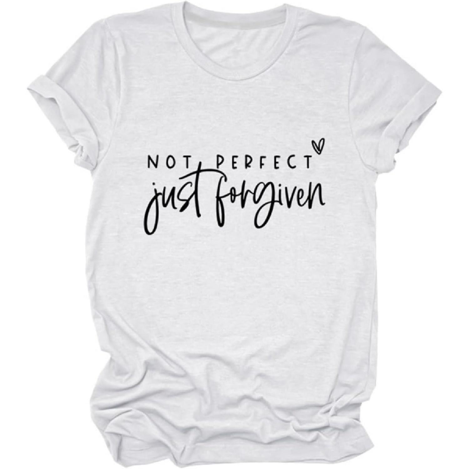 GAQEUWR Christian Shirt for Women, Not Perfect Just Forgiven Christian Bible Verse Shirt, Jesus Faith Short Sleeve Tops S