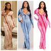 European and American Style Ins Printing Fashion Women's Clothing Color Matching Loose Hip Skirt Home Casual V-neck Long-sleeved Dress