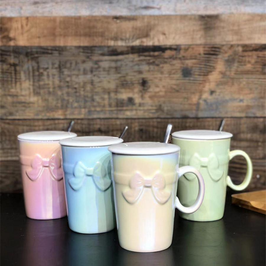 Light Luxury Colorful Relief Bow Mug with Cover Spoon Ceramic Mug