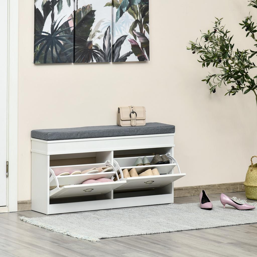 Shoe Storage Bench with Flip Drawers, Shoe Cabinet with Seat Cushion and Adjustable Shelf for Hallway, Entryway, Living Room, Bedroom, White