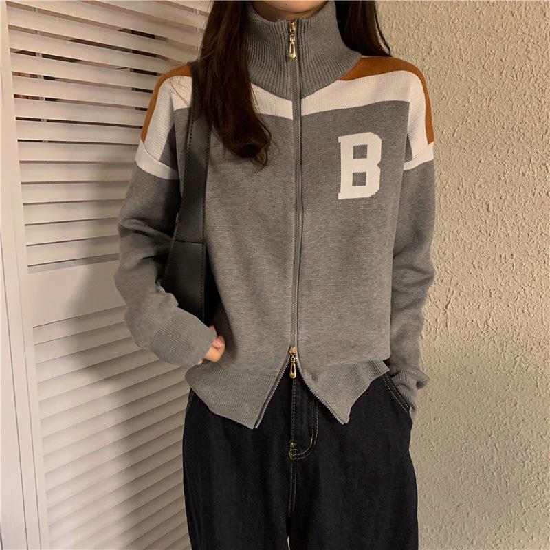 Hong Kong Style Color Block Double Zipper Knit Cardigan - Women's High Neck Long Sleeve Sweater for Spring & Autumn Versatile Top