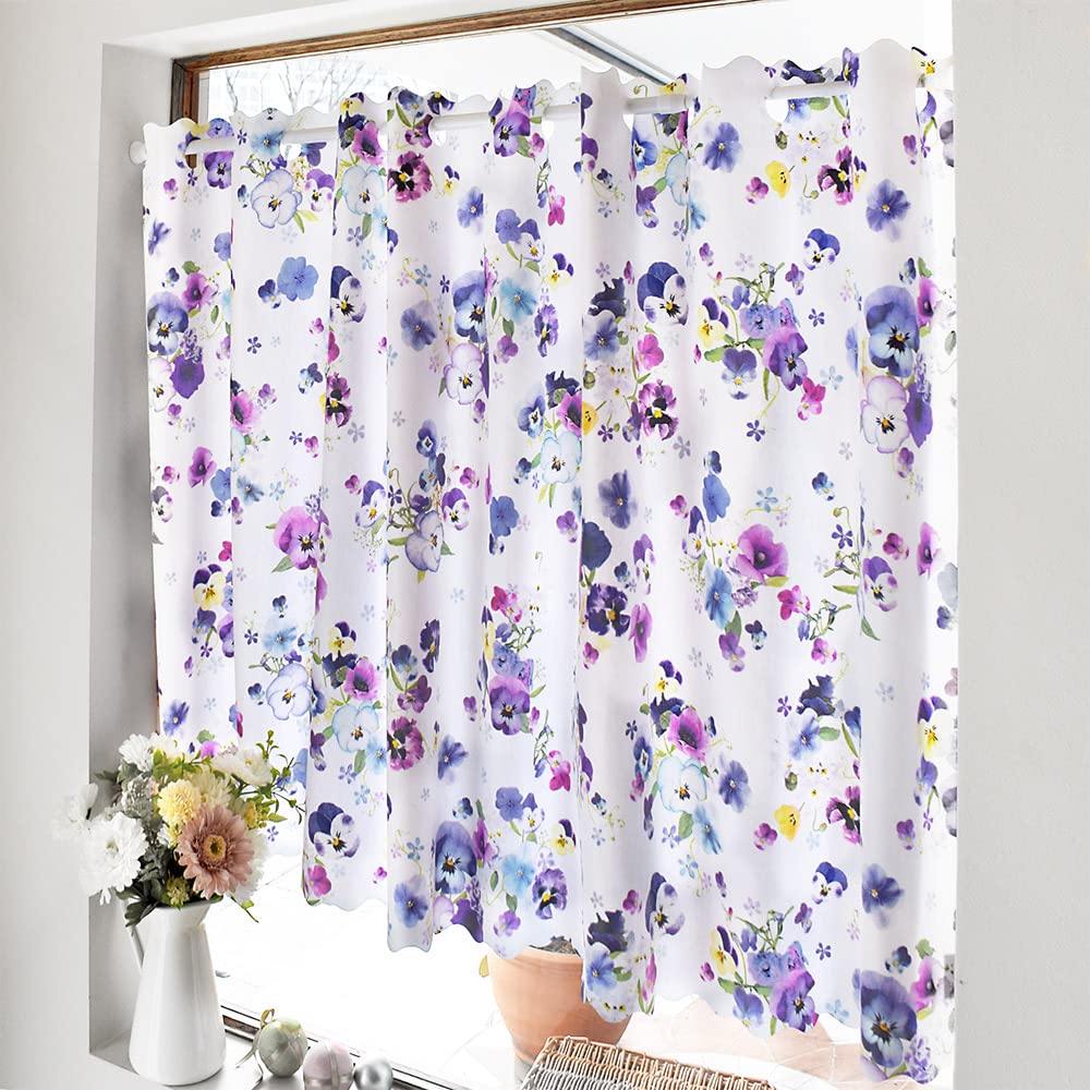 STYLE Decor Laminated Cafe Curtain for Small Stylish Privacy 70cm Long x 140cm Floral Blue W4001030 Windows, Screen, Wide, Bathroom, Print, Pansy,