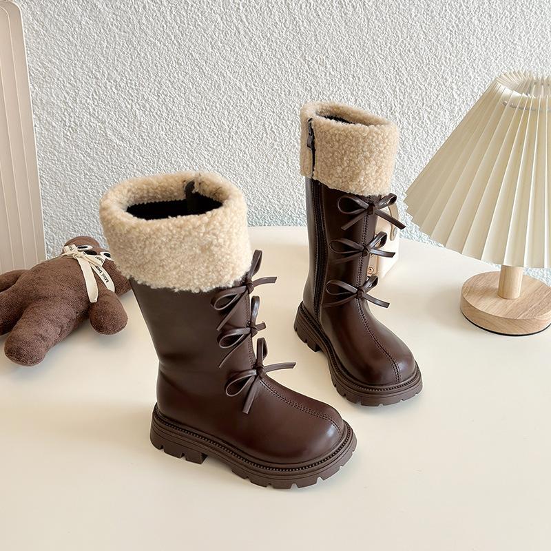 

Fashion Versatile Girls Shoes Winter New Kids Leather Boots Simple Soft Soled Girl Snow Boots Comfor Non Slip Child Shoes 26insole16.5cm коричневый