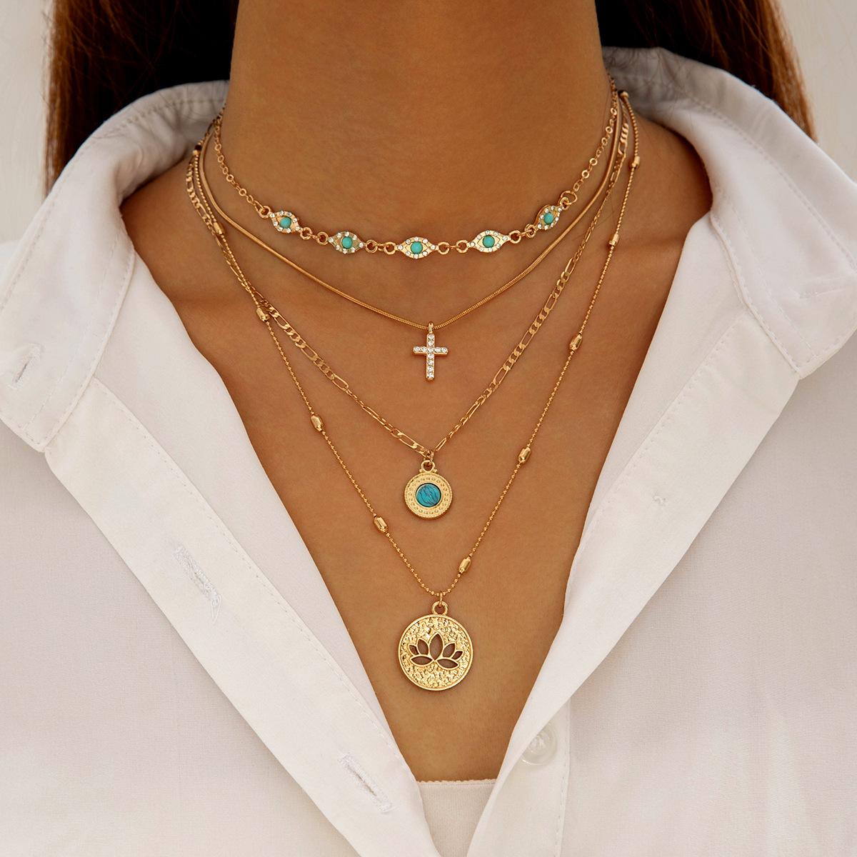 Bohemian retro flower cross necklace feminine simple multi-layered collarbone exaggerated necklace