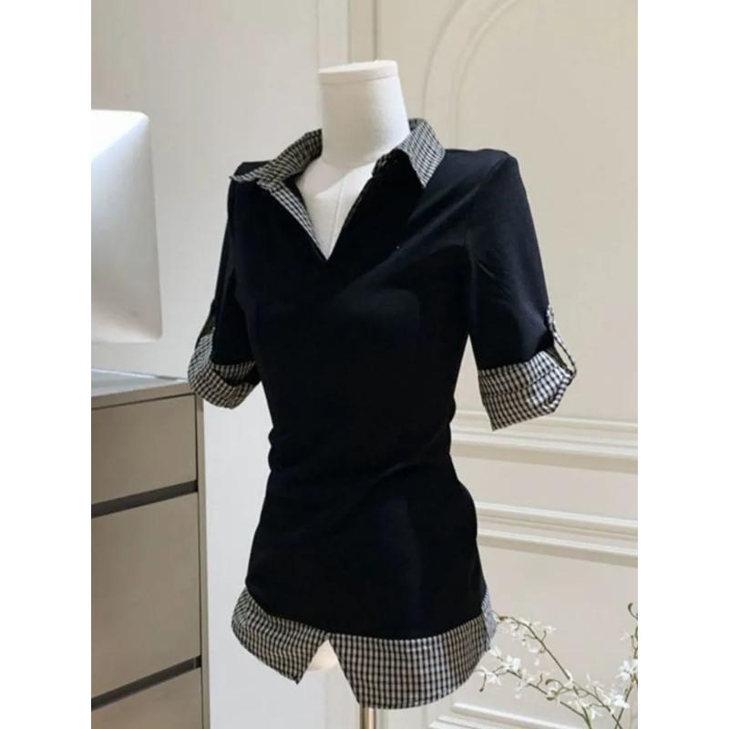 

Women s Contrast Gingham Trim Polo Shirt Half Sleeve Fitted Blouse with Turn-Down Collar L чорний
