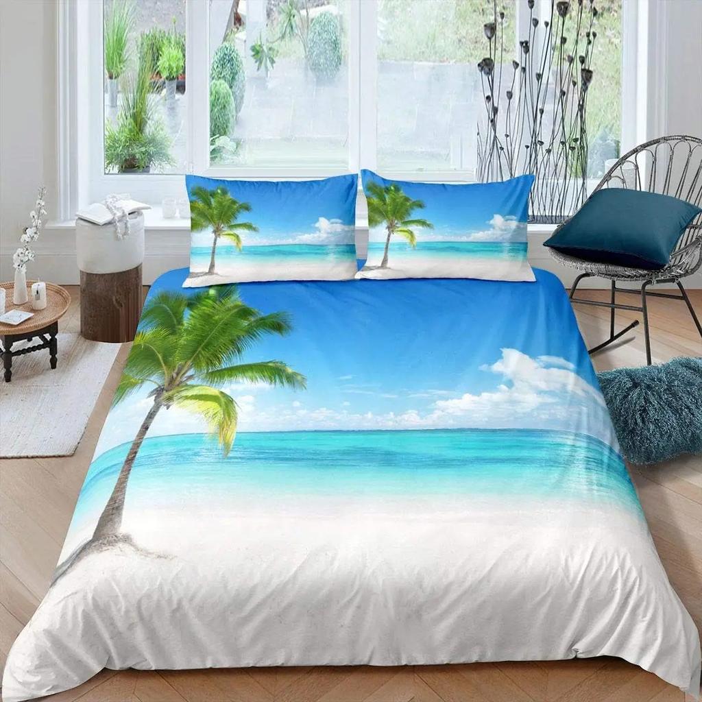 Ocean Theme Beach Duvet Cover Queen King Sunset Tropical Palm Tree Waves Comforter Cover Hawaii Natural Landscape Bedding Set