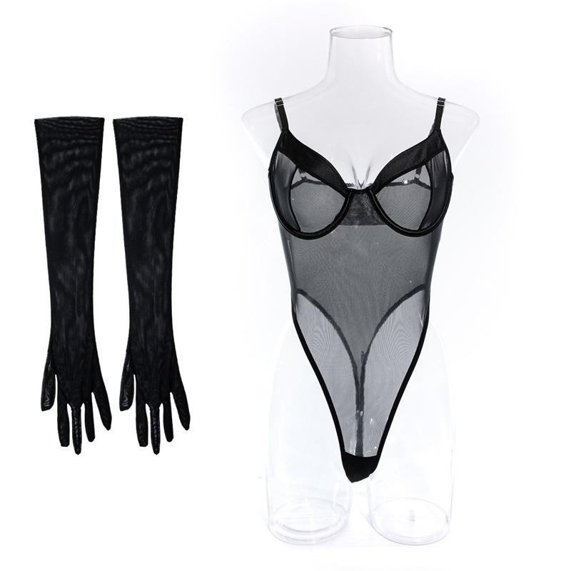 Aduloty Women Sexy Lingerie Erotic Bodysuit Perspective Minimalist Basic Slim Fit Hip Lifting Glove Matching Underwear Set