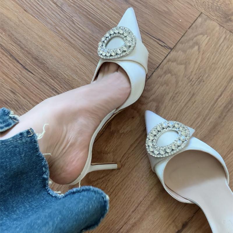 Fashion French High-Heeled Women'S 2025 Satin Rhinestone Toe Cap Slippers With Pointed Tips And Thin Heels, Stylish Small Single Shoes