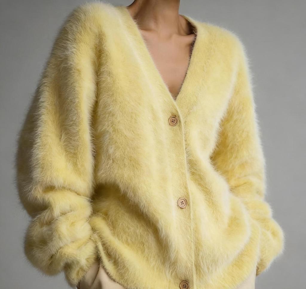 2025 Autumn/Winter Women's Loose V-Neck Knit Mink Cardigan - Solid Color