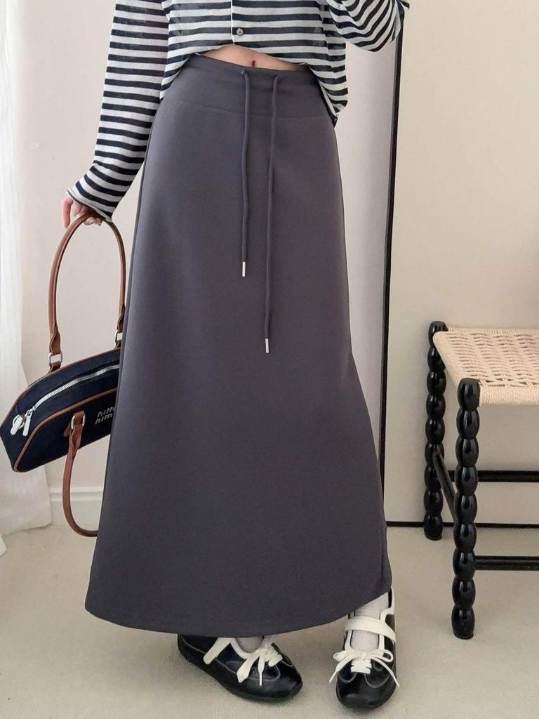 Korean High-Waisted Drawstring Midi Skirt for Women, Early Spring Casual Slimming Fit