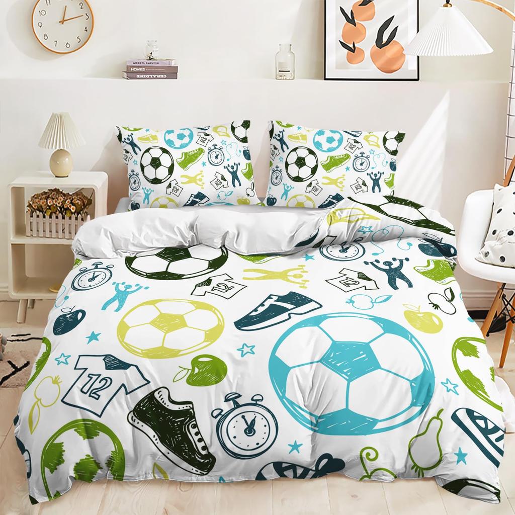 Cartoon Soccer Duvet Cover Set Printed Football Bedding Sets For Kids Boys Girls Bedroom Decor Sports Theme Comforter Cover Set