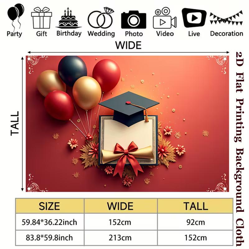 2D Red Graduation Banner with Balloons & Cap for College & High School Grad Party Decor