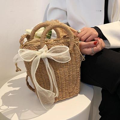 Yogodlns Summer Women White Ribbon Rattan Bucket Handmade Shoulder Bag Woven Straw Handle Crossbody Bags