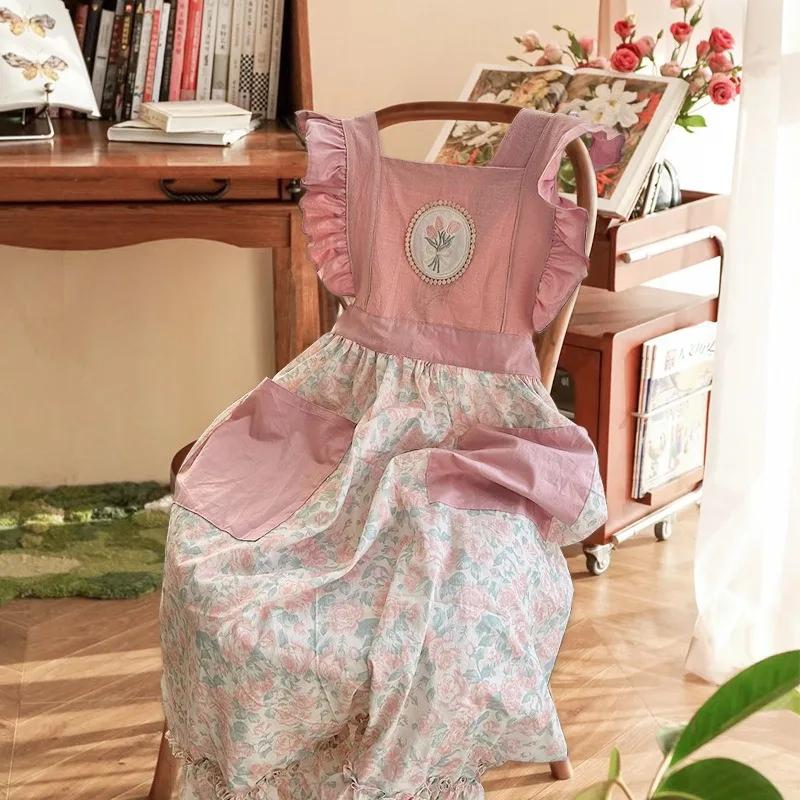 

Pure Cotton Princess Dress with Floral Patterns Breathable and Extremely Beautiful Apron Home Kitchen Flower Shop Work Clothes 98x92cm розовый