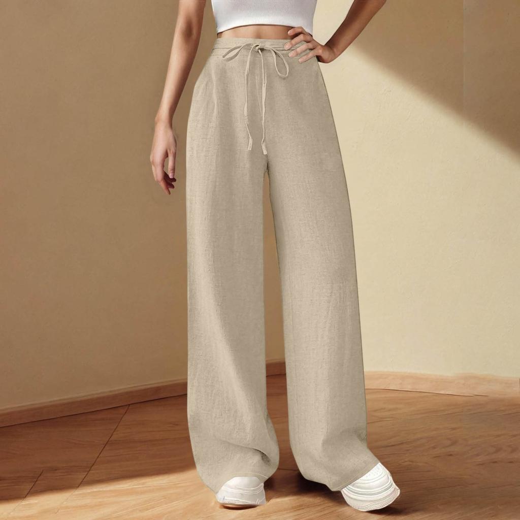Damen Sommerhose mit elastischer Taille, einfarbig, lockere Hose aus Baumwolle und Leinen