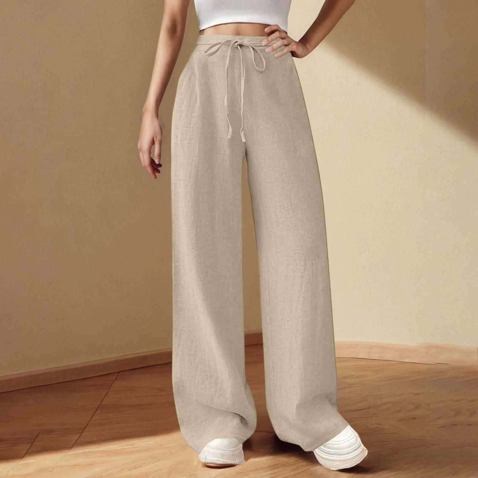 

Женские летние свободные брюки из хлопка и льна с эластичной резинкой на талии XXL бежевый
