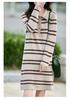 Women's Striped Wool Knit Sweater Dress with Half-Open Button-Up Polo Collar