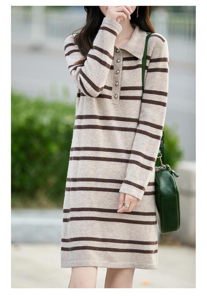Women's Striped Wool Knit Sweater Dress with Half-Open Button-Up Polo Collar