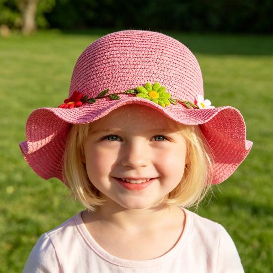 Children Sun Hat Wide Brim UV Protection Straw Hat with 3D