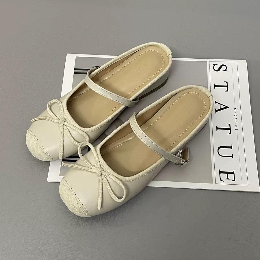 Inner Height Increase 5CM Flat Bottom Small Fragrant Wind Bag Head Half Slippers Women's 2024 New Versatile Bow Small Sandals Outer Wear
