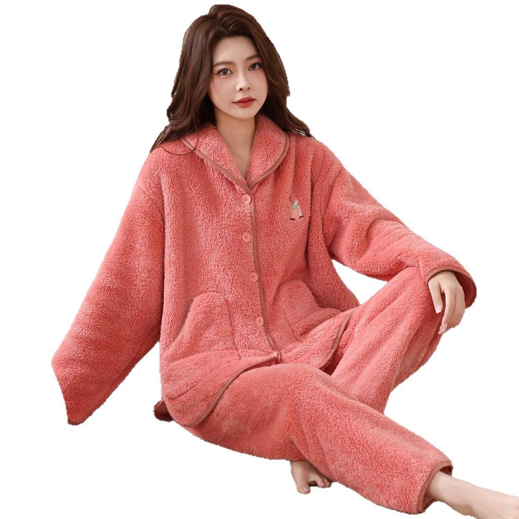 Women's Coral Fleece Pajamas, Plus Velvet, Thick, Large Size, Warm Winter Flannel Home Set for Middle-Aged and Elderly