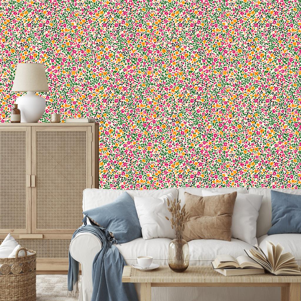 Wallpaper Small flowers beige, green, coral and lime 50x1000