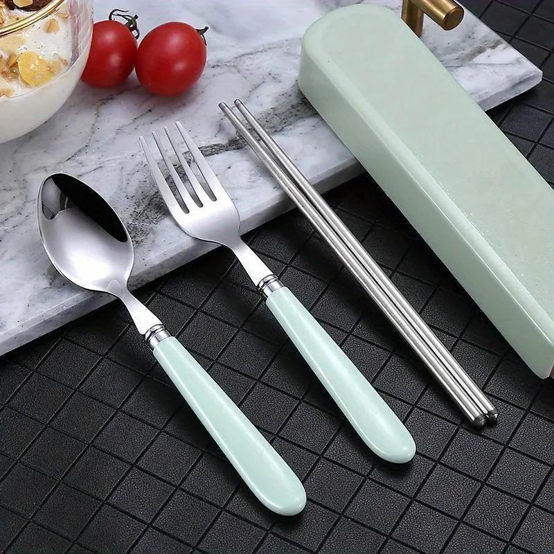 Portable Stainless Steel Cutlery Suit with Storage Box Korean Style Chopstick Fork Spoon Travel Kitchen Tableware Dinnerware Set
