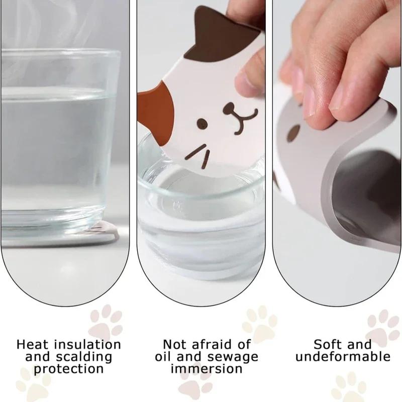 Cute Cat Cup Coasters Reusable Silicone Drink Coasters Non Slip Washable Heat Resistant Glass Cup Rubber Pad Mat Novelty