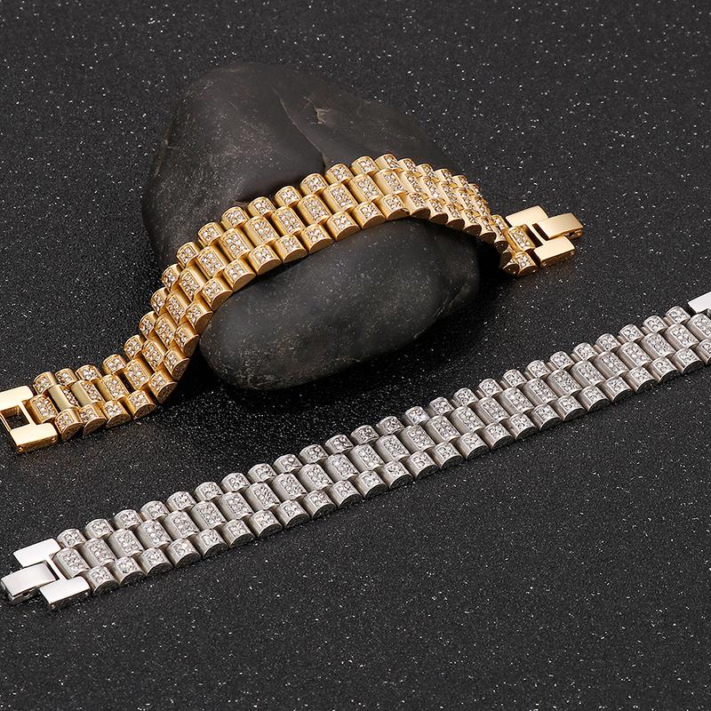 Hiphop 18MM szeroki pasek zegarka łańcuch na rękę bransoletka dla mężczyzn złoty kolor stal nierdzewna biżuteria charm bransoletki dla kobiet panie