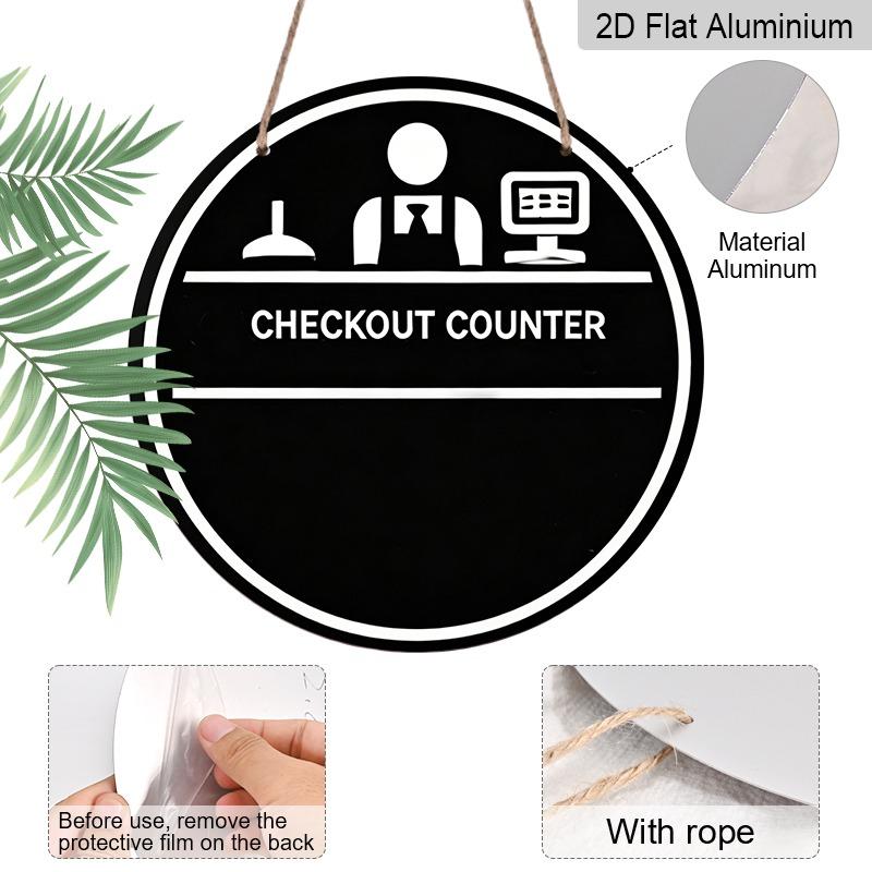 2D Flat Aluminum "CHECKOUT COUNTER" Decorative Signs and Plaques, Available In Various Sizes. Black and White Color Scheme, Checkout Counter Pattern